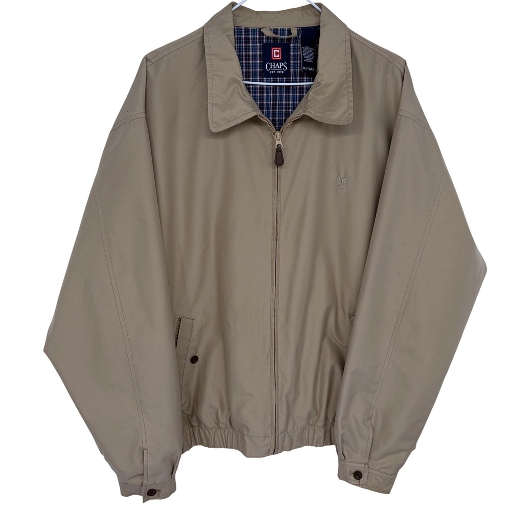 Chaps Khaki Harrington Jacket XL Mens Beige Plaid Lining Grandpa Full‎ Zip